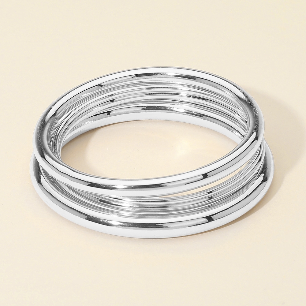 Silver Round 3 Piece Stack Metal Bangle Bracelets Set Layered Smooth Jewelry